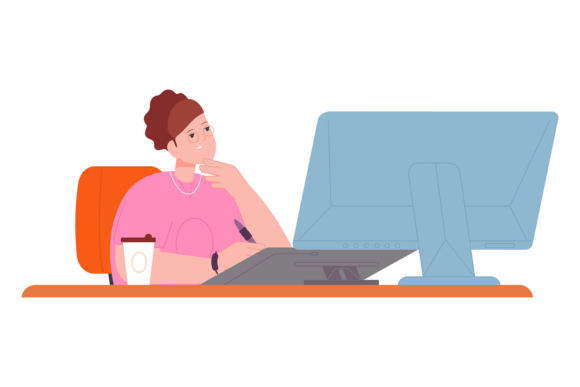 Woman Working at Computer with Coffee Cu